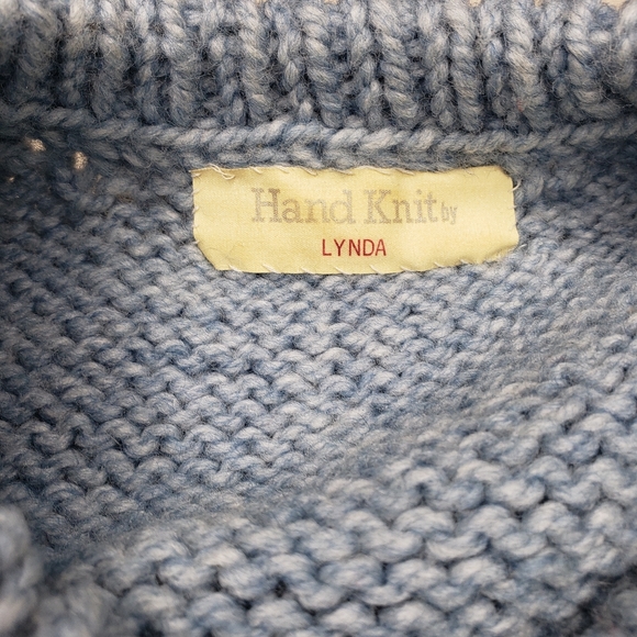 Handknit Crewneck Sweater Alternating Pattern Nautical Blue Chunky Knit - Picture 10 of 15